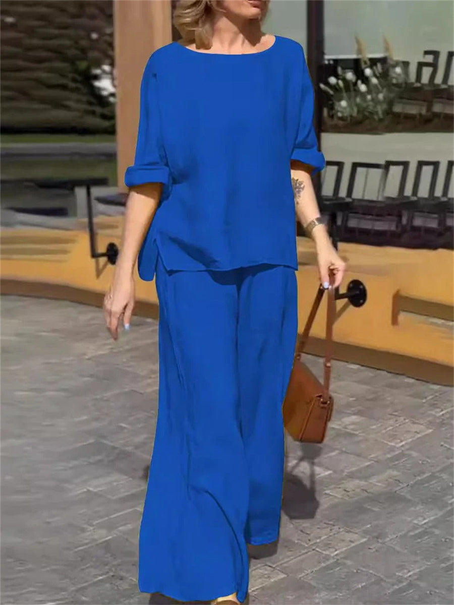 Plain Round Neck Half Sleeve Two Piece Set