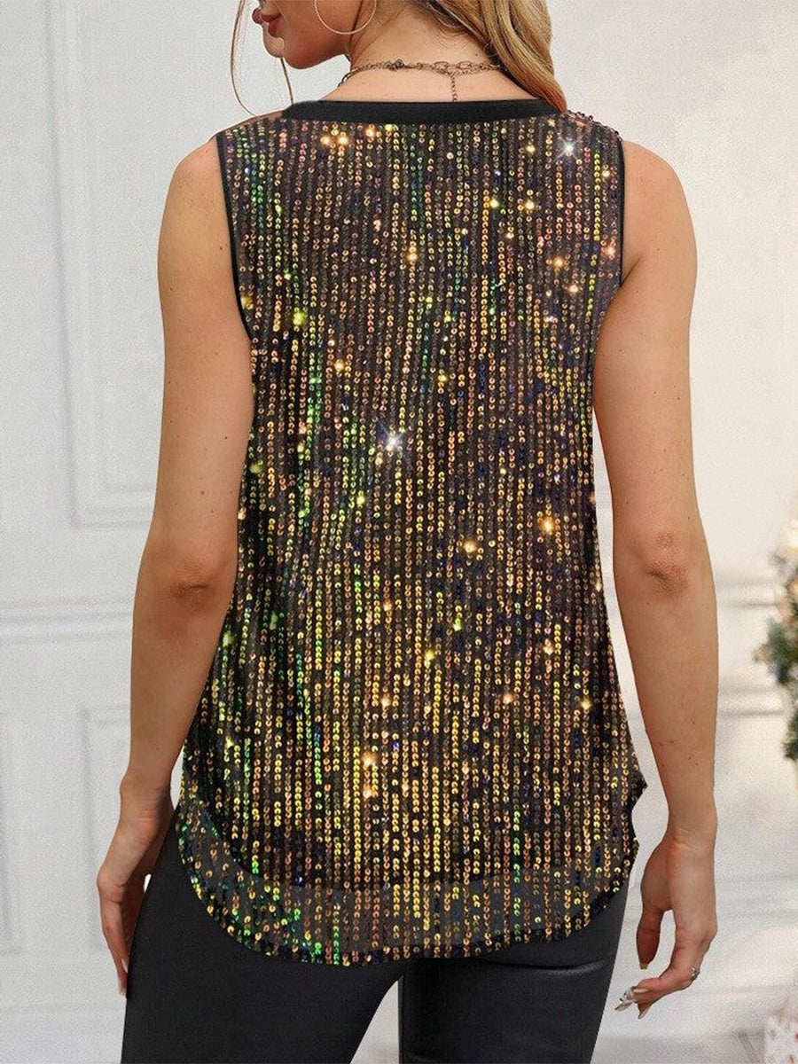 Sexy V-Neck Sleeveless Sequin Print Tank Top