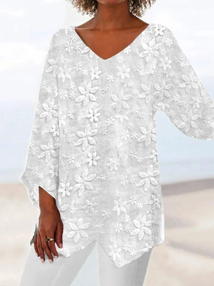 LilyWish Elegant White Floral Lace V Neck Long Sleeve Blouse
