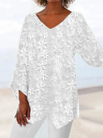 LilyWish Elegant White Floral Lace V Neck Long Sleeve Blouse