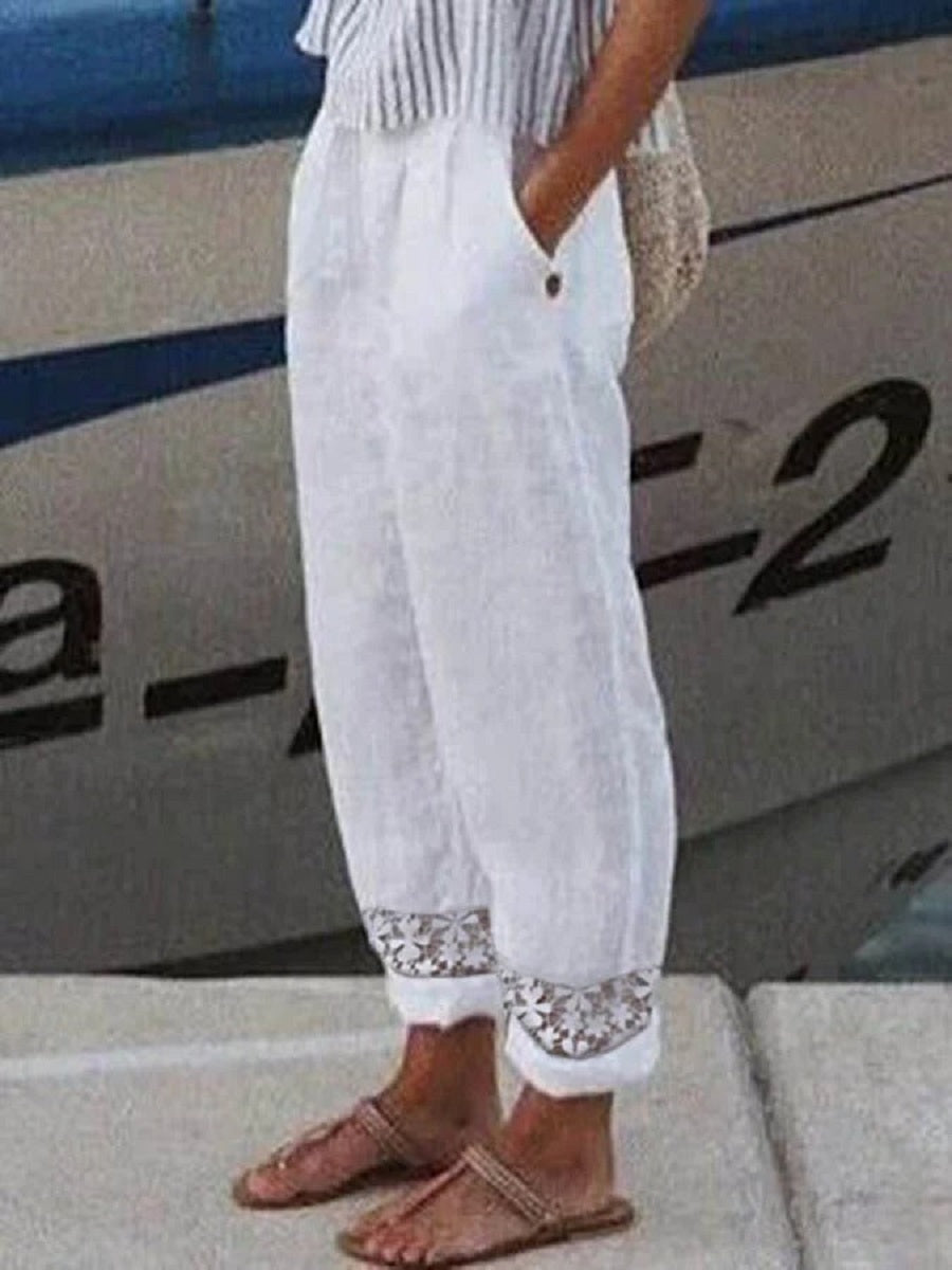 White Casual Solid Lace Pants with Pockets