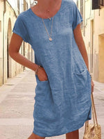 Light Blue Casual Round Neck Solid Short Sleeve Dress