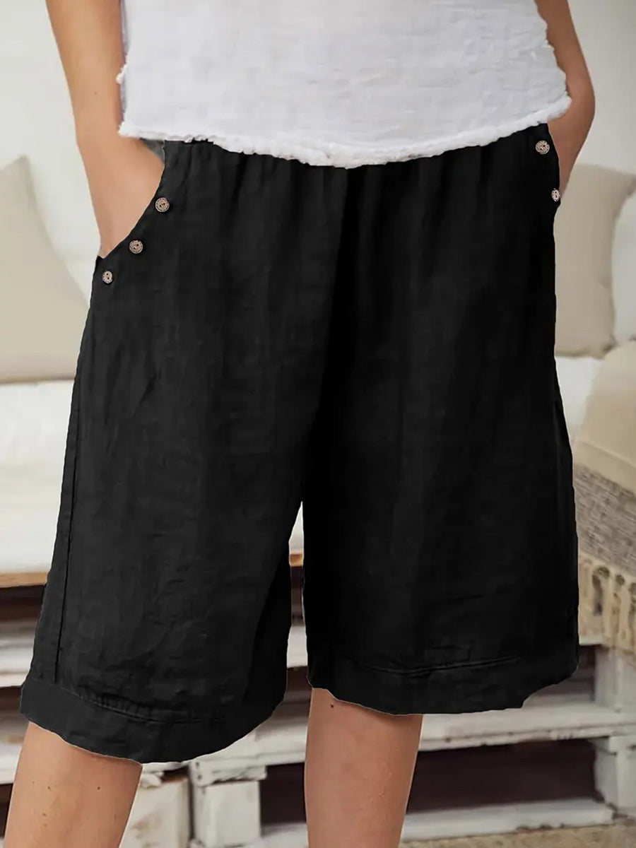 Women's Elastic Waist Bermuda Shorts with Side Buttons