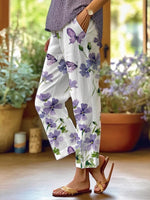 LilyWish Retro Art Butterfly Flowers Print Pockets Casual Pants