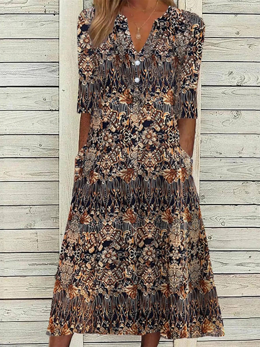 LilyWish Women?ˉs Half Sleeve Vintage Floral Print Button-Front Midi Dress with Pockets