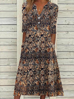 LilyWish Women?ˉs Half Sleeve Vintage Floral Print Button-Front Midi Dress with Pockets