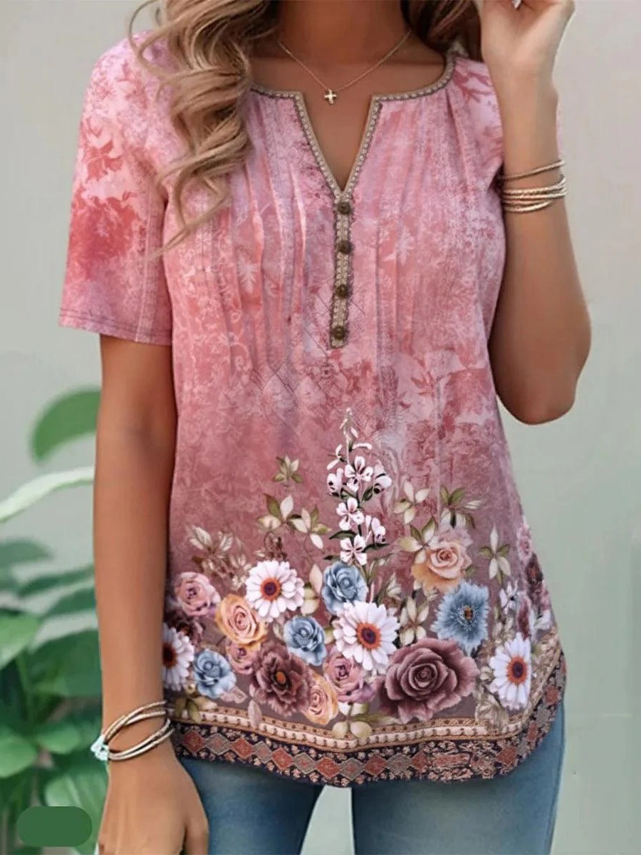 LilyWish Sweet Pink Floral Print Short Sleeve Top