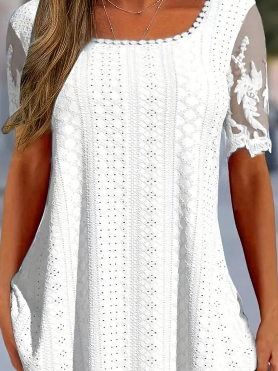 Solid Eyelet Square Neck Contrast Lace Top