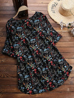 LilyWish Vintage Print Floral Short Sleeve Crew Neck Blouse