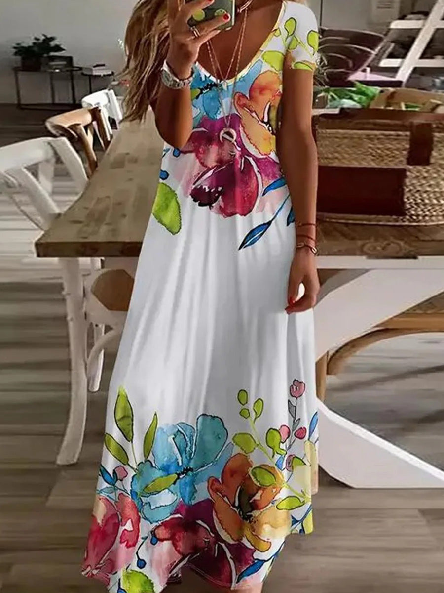 Elegant Floral Print V-Neck Short Sleeve Maxi Dress