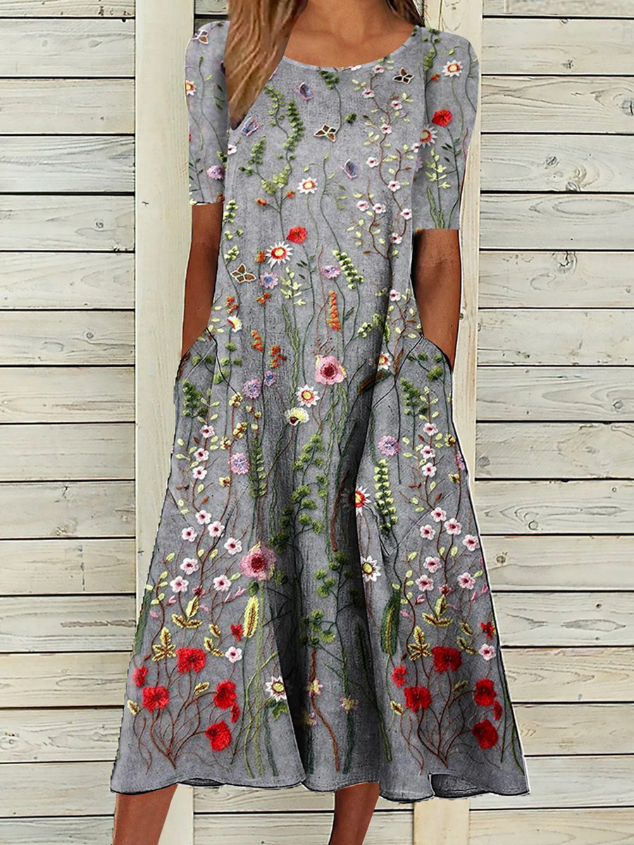 LilyWish Loose Casual Floral Embroidery Printing Crew Neck Dress