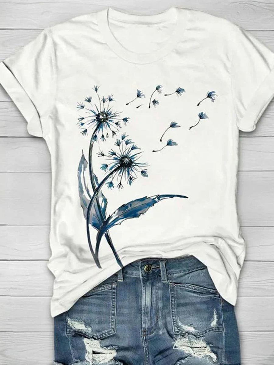 LilyWish Vintage Dandelion Print Round Neck Short Sleeve T-Shirt