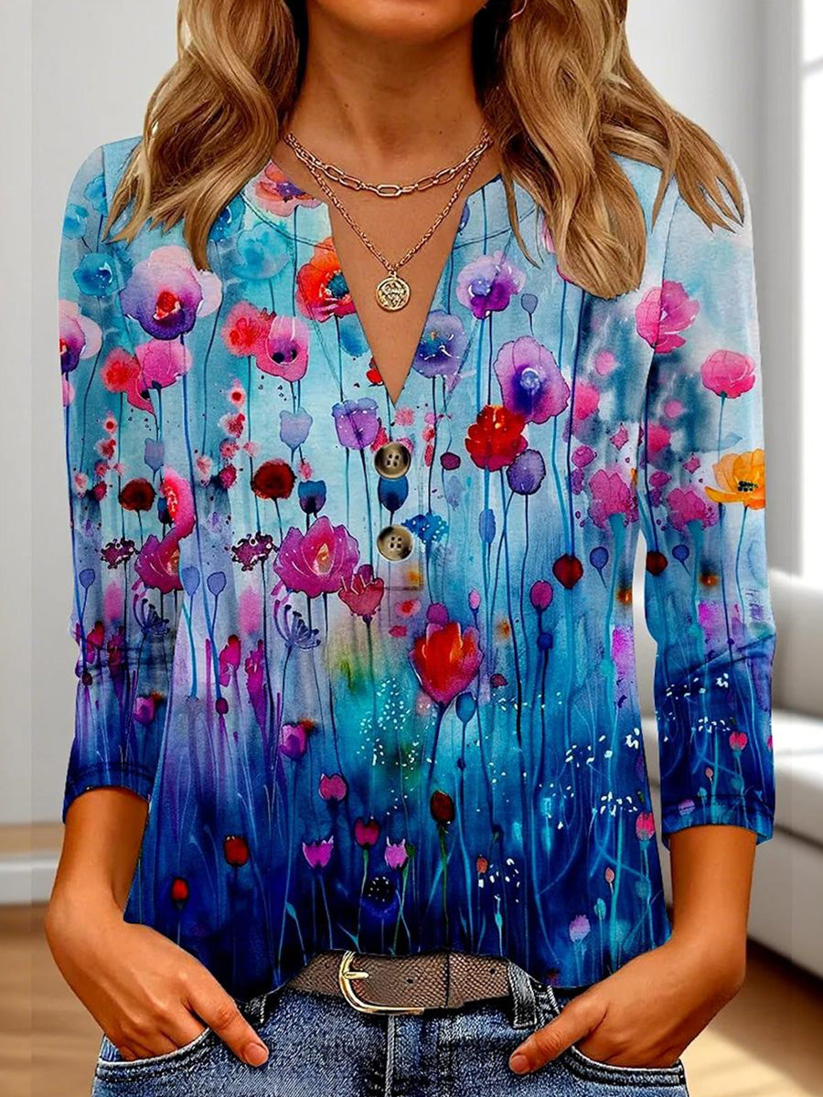LilyWish Elegant Blue Floral Print Long Sleeve Top