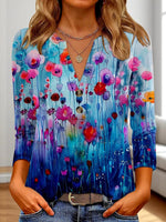 LilyWish Elegant Blue Floral Print Long Sleeve Top