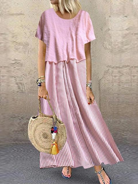 Short Sleeve Round Neck Plaid Casual Summer Two Piece Maxi Dress