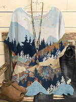 Casual Round Neck Landscape Printed Short Sleeve Blouse