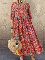 Orange Casual Round Neck Printed Half Sleeve Dress