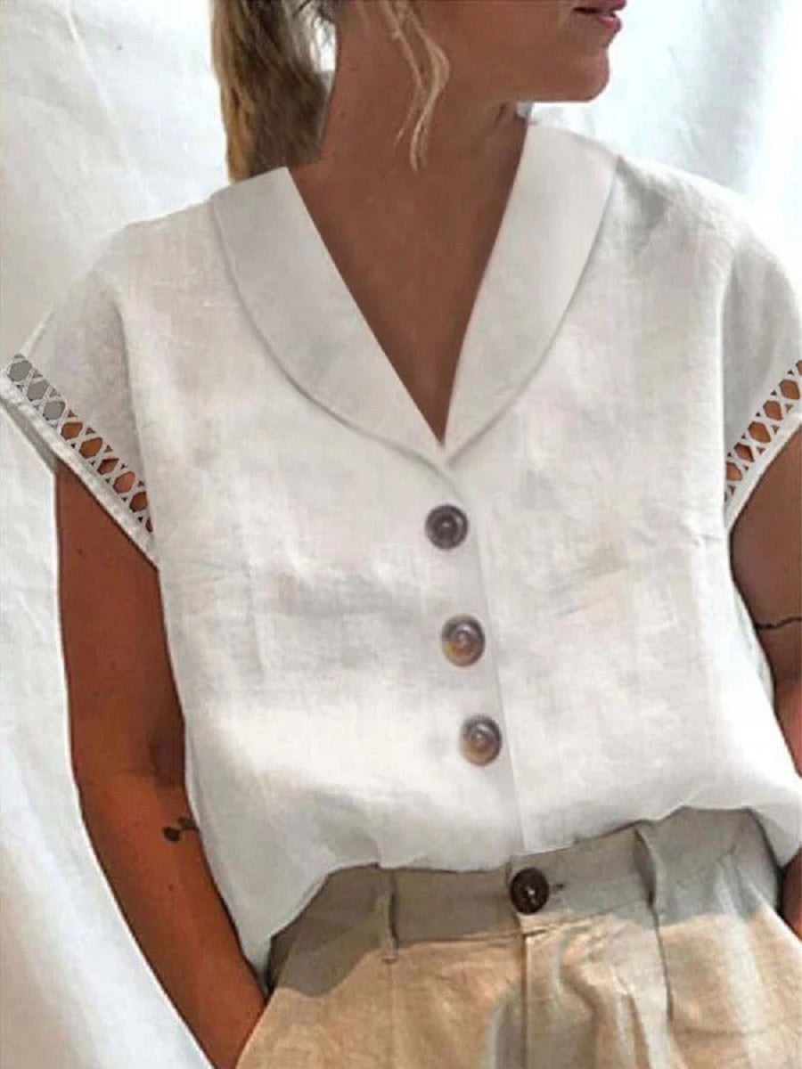 LilyWish White Casual V Neck Solid Short Sleeve Blouse