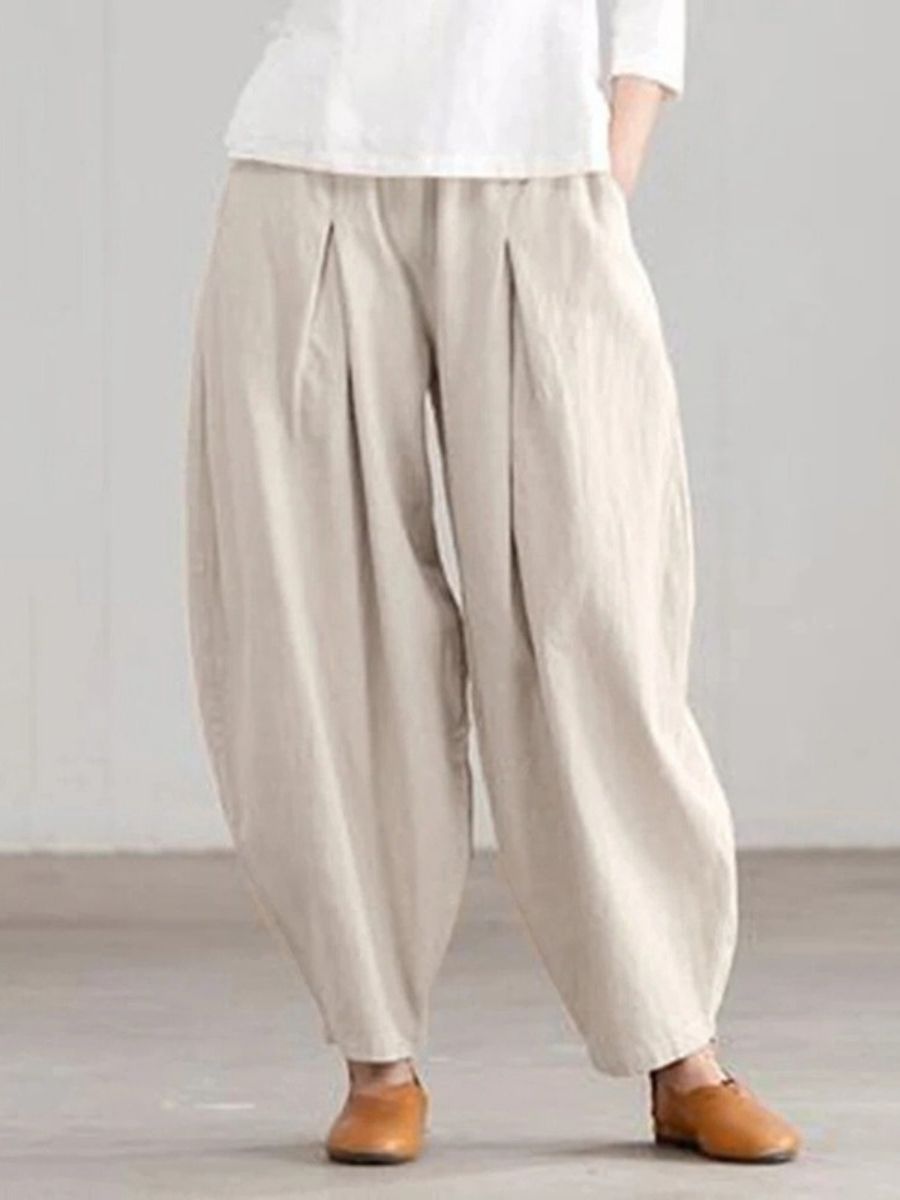 Beige Casual Solid Plain Loose Pants