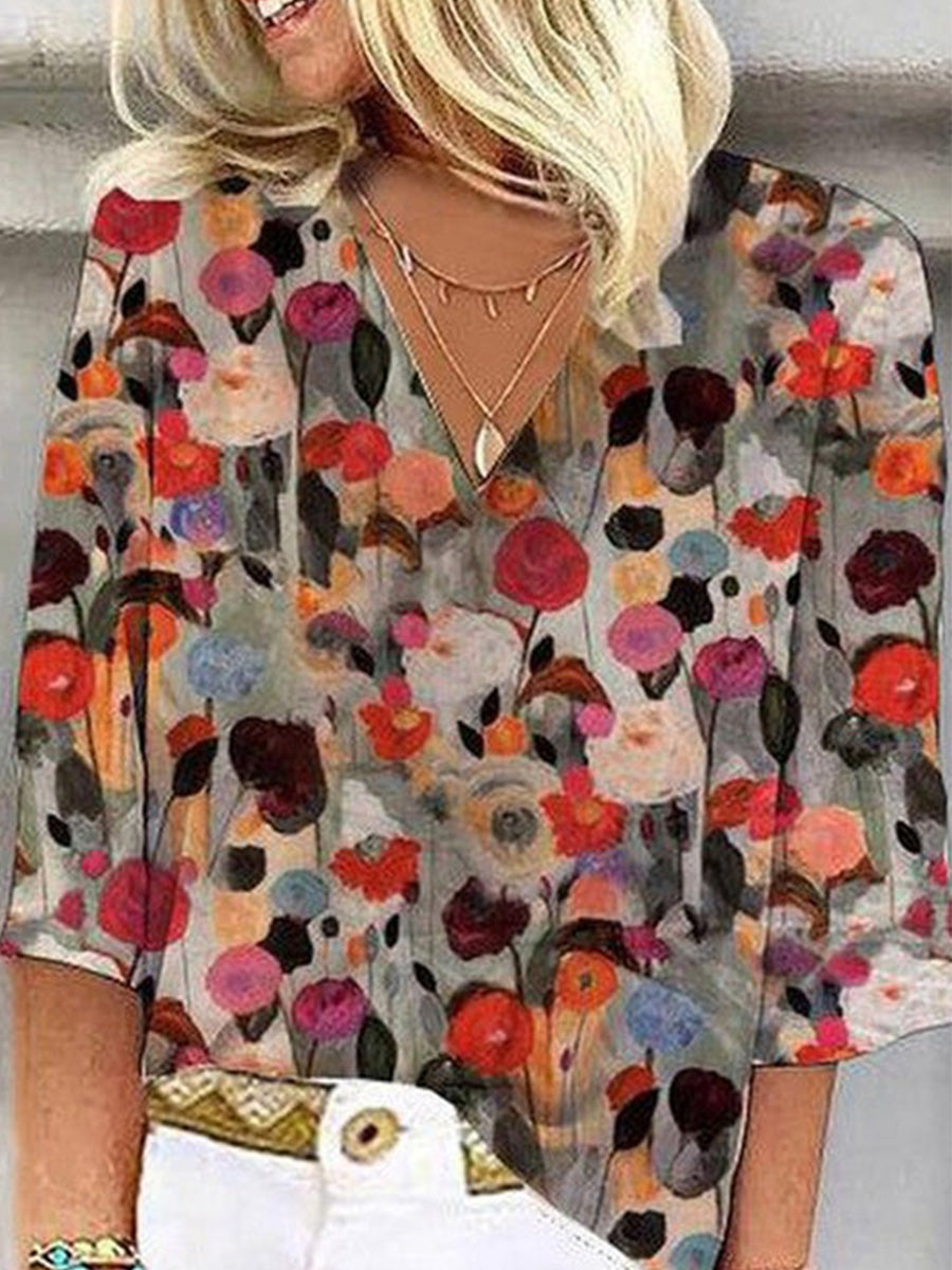 LilyWish Colorful Floral 3/4 Sleeve V Neck Blouse