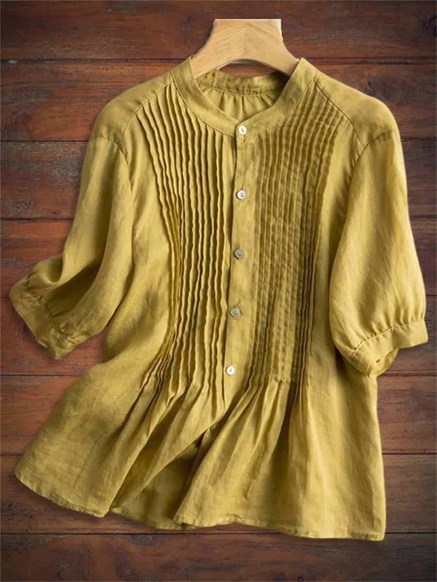 Women’s Pleated Front Button Up Puff Sleeve Loose Fit Blouse