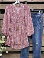 LilyWish Pink Loose Abstract Polka Dots V Neck Blouse