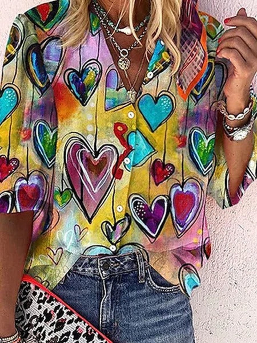 LilyWish Multicolor Casual Love Pattern Printed Half Sleeve Blouse