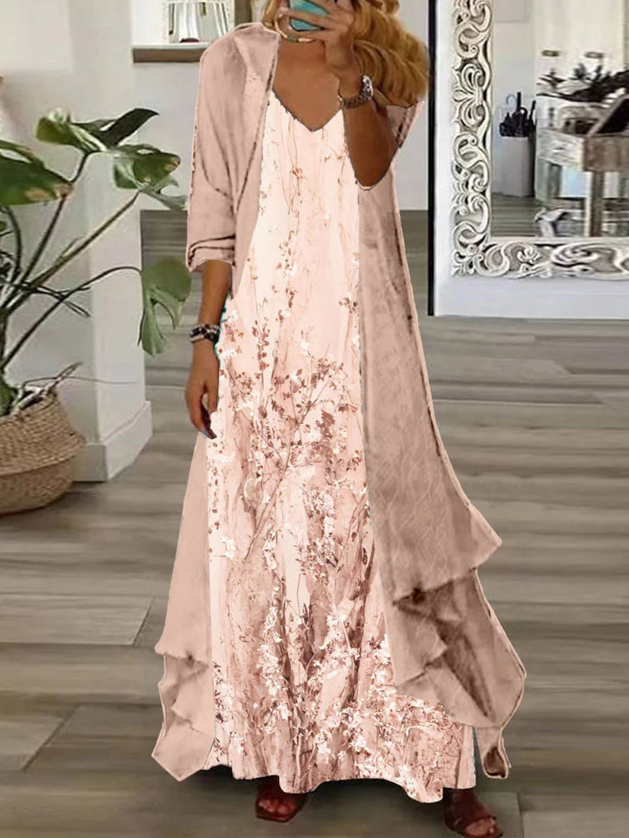 Women's Long Sleeve V-neck Floral Printed Two Pieces Maxi Dress