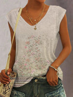 Floral Printed V Neck Casual Short Sleeve T-Shirt