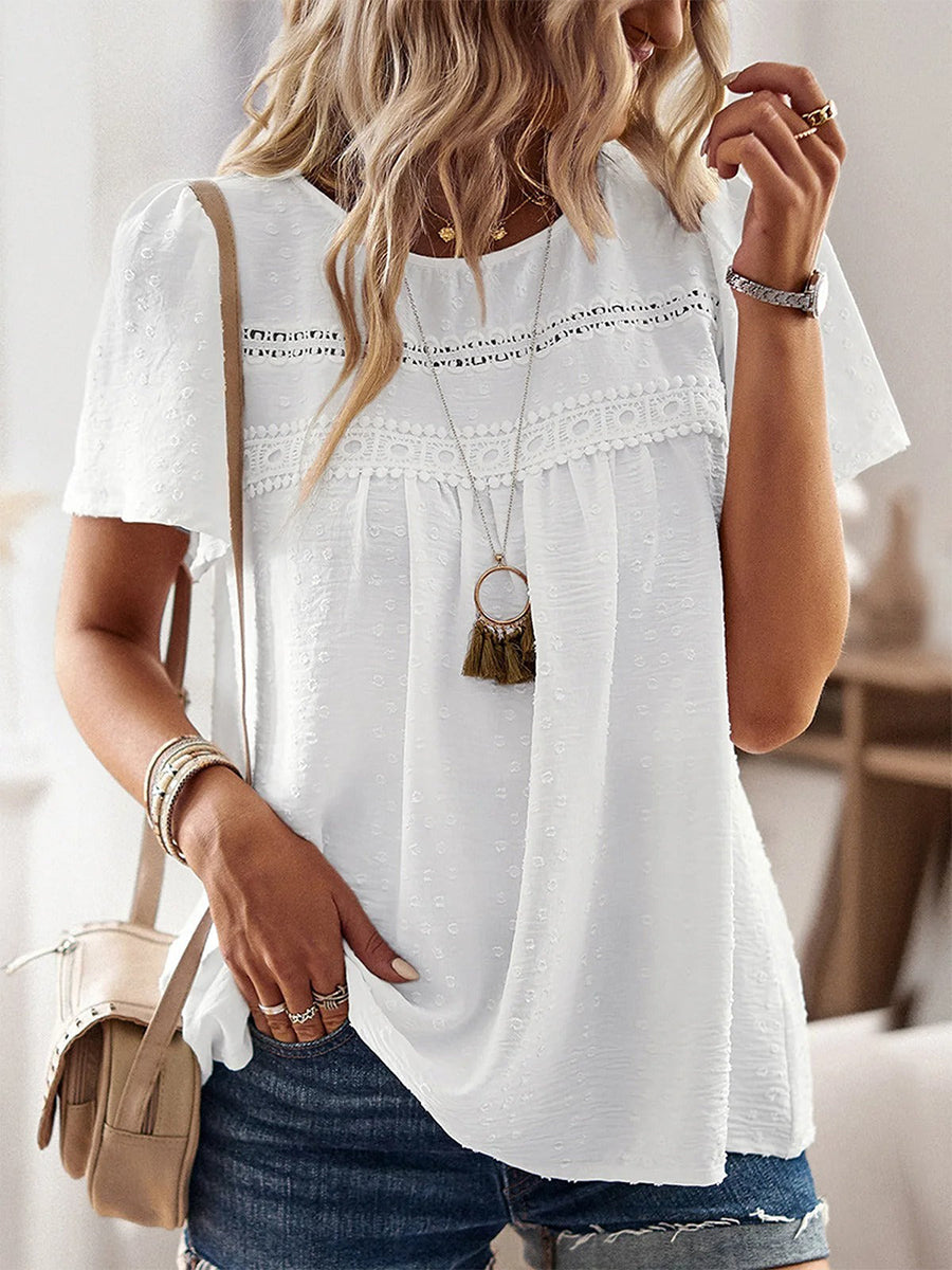 LilyWish Loose Plain Casual Lace Short Sleeve Shirt
