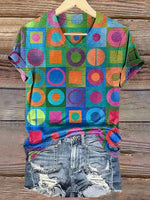 LilyWish Colourful Geometric Print V-neck Short Sleeve T-Shirt