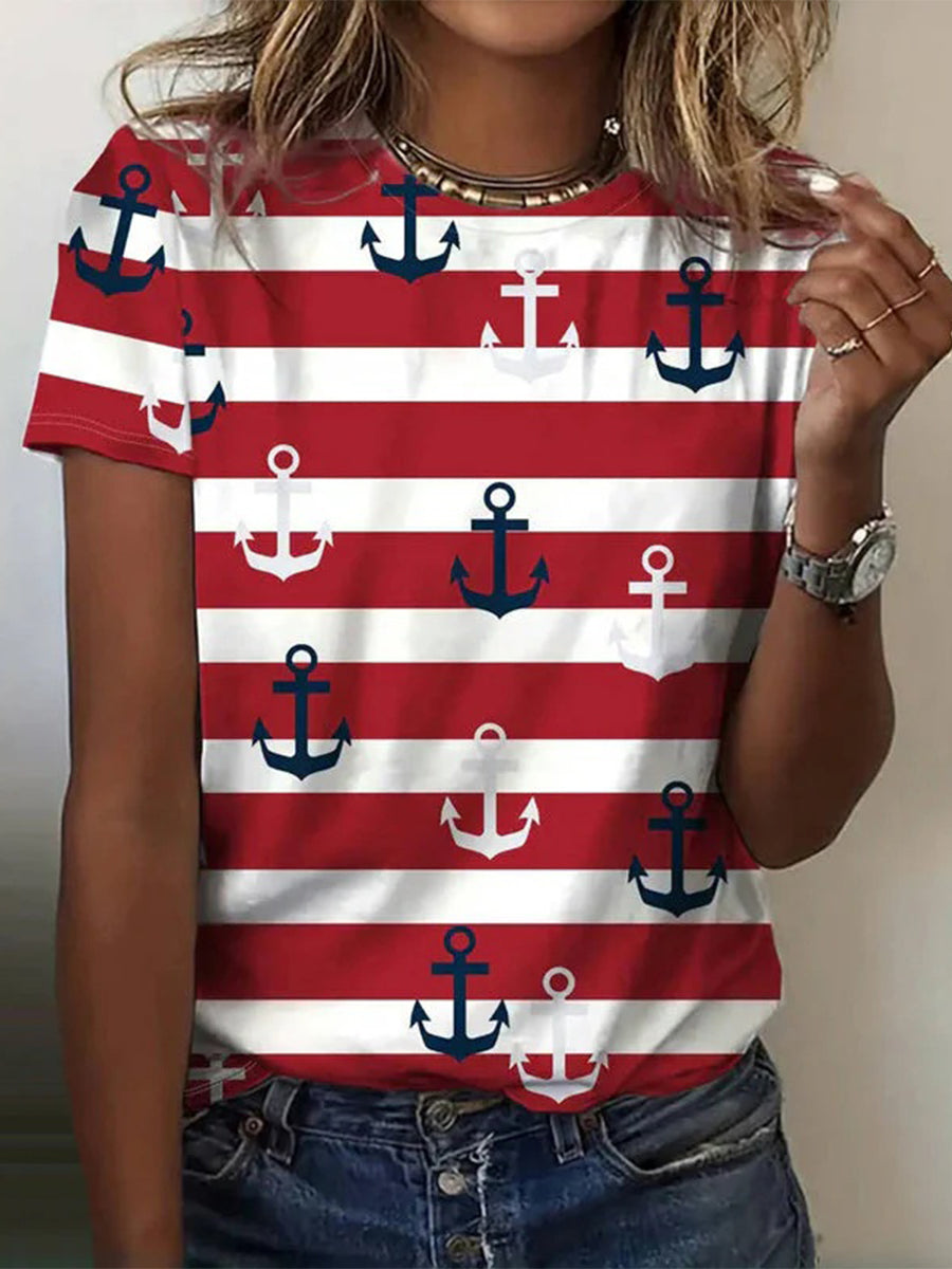 LilyWish Vintage Striped Round Neck Short Sleeve T-Shirt