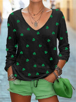 Shamrock Print V-neck Long Sleeve T-Shirt