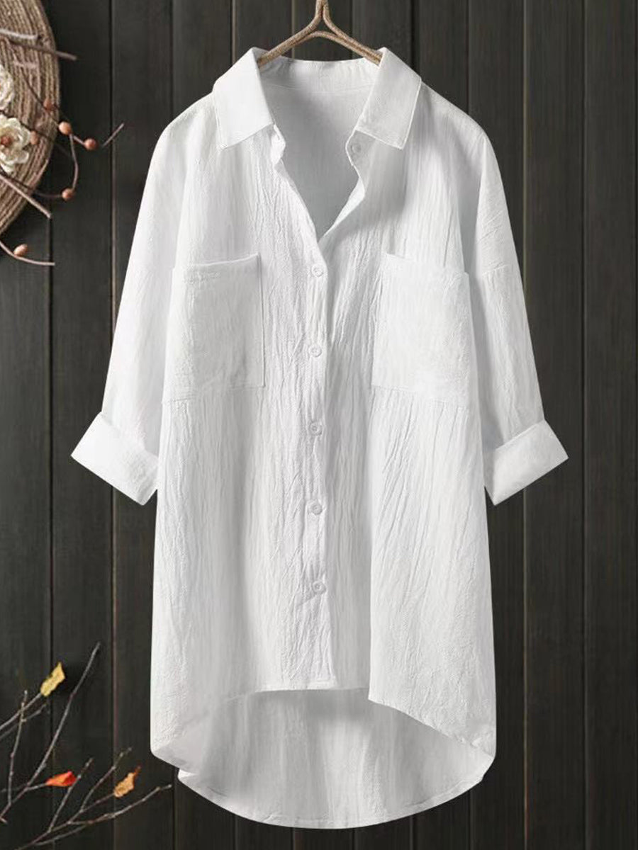 LilyWish Solid Cotton Linen V Neck Loose Top