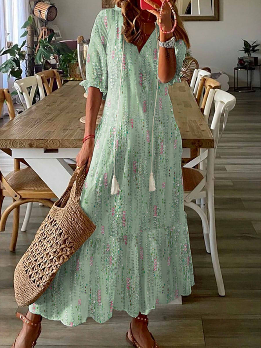 LilyWish Casual V-neck Abstract Printed Maxi Dress