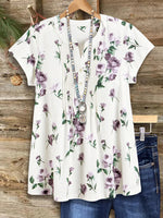 LilyWish Floral Print V-neck Short Sleeve Top