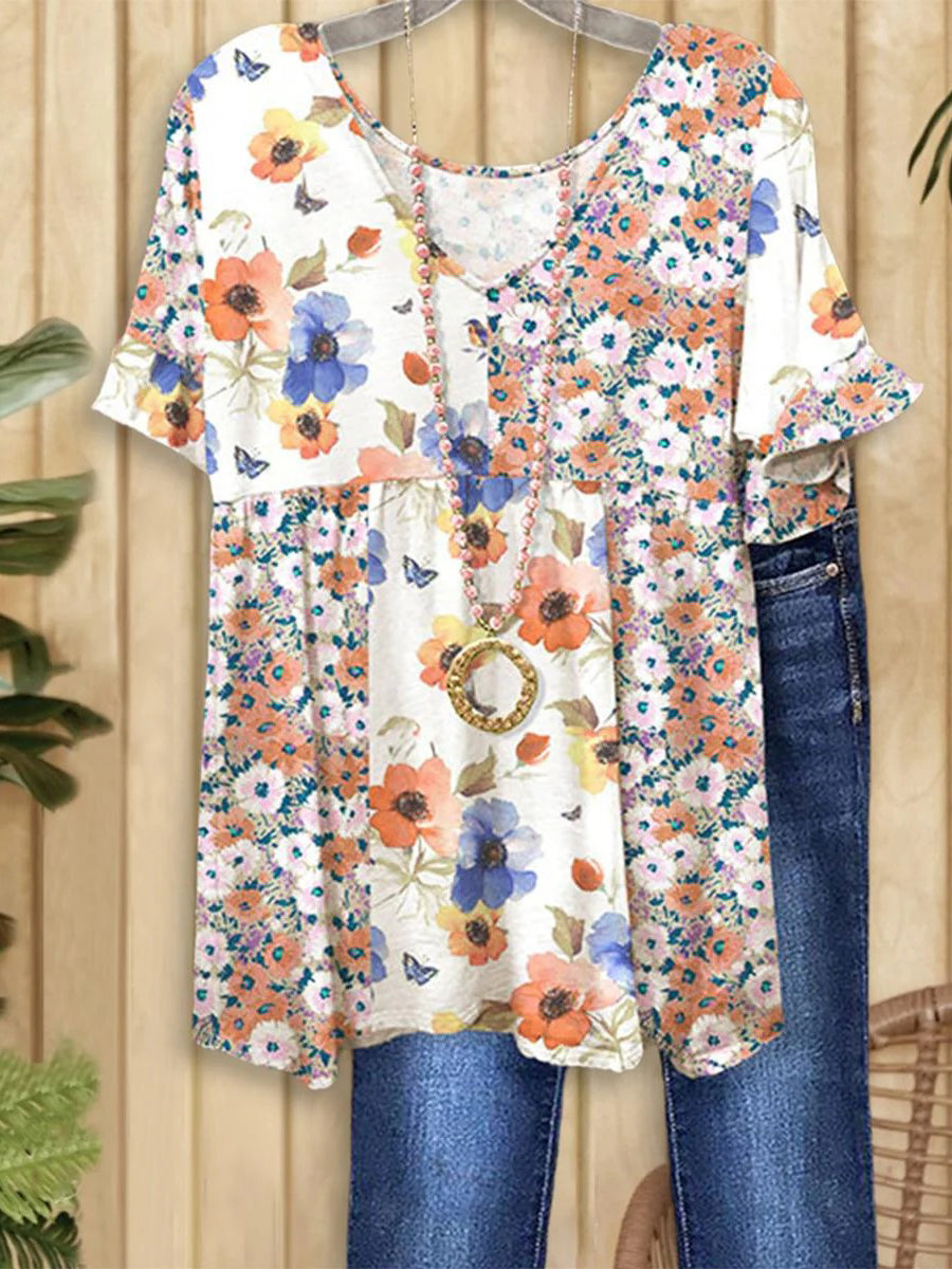 LilyWish Floral Print V-neck Short Sleeve Top