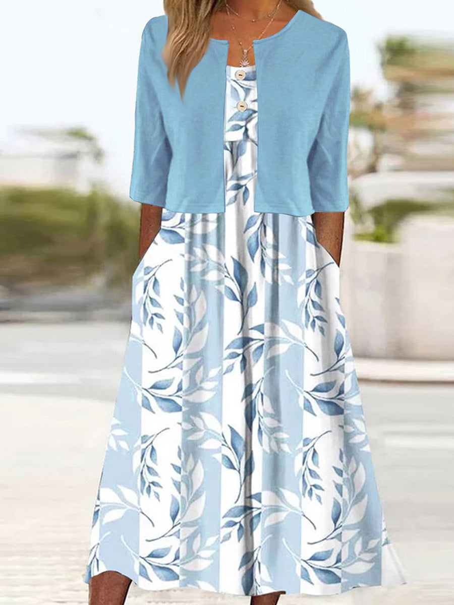 Women's Sleeveless Leaf Print Midi Dress With Jacket