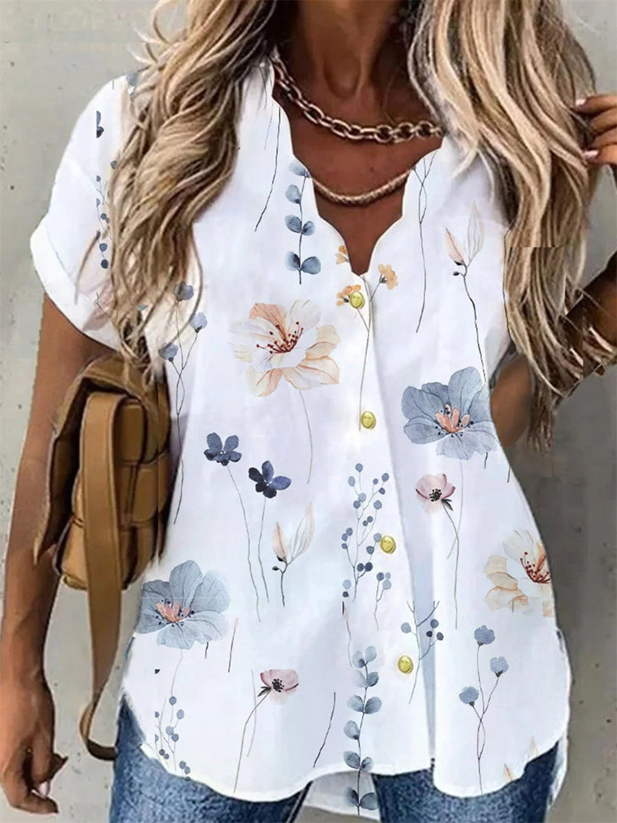 Casual Buttoned Loose V Neck Blouse