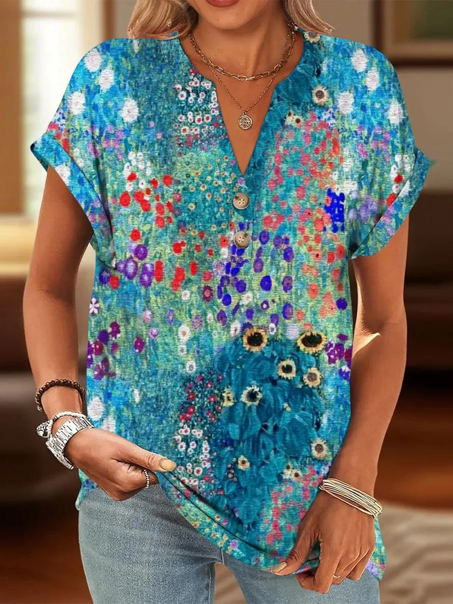 LilyWish Dreamy Floral Print V-neck Short Sleeve Top