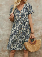 A-Line High Waisted Buttoned Pleated Printed Split-Joint V-Neck Mini Dress