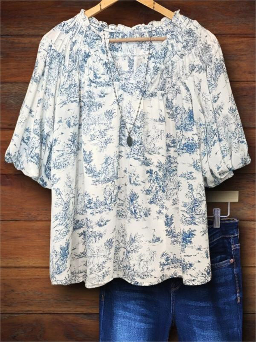 LilyWish Vintage Floral Half Sleeve Ruffle Casual Blouse