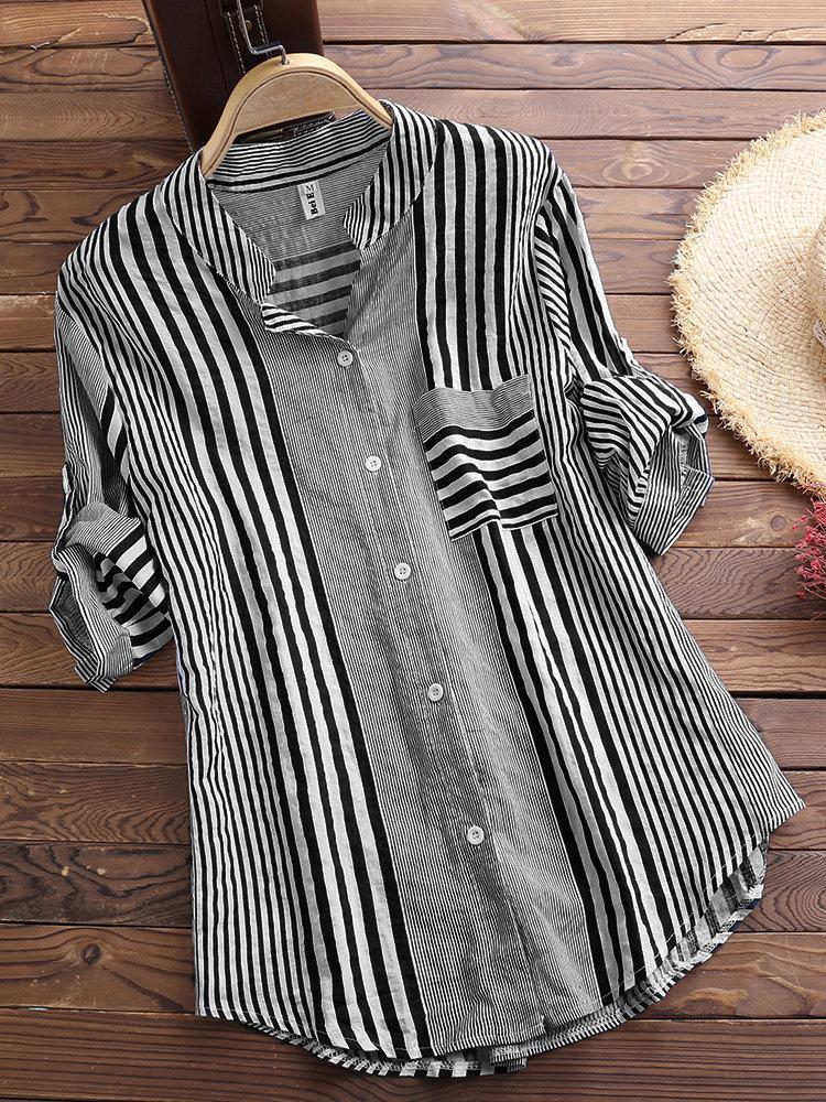 Women's Casual Striped 3/4 Sleeve Button-Down Blouse