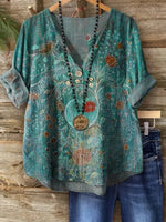 LilyWish Vintage Floral Print Short Sleeve Blouse