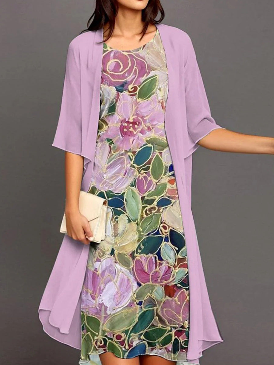 LilyWish Purple Floral Print Midi Dress With Jacket