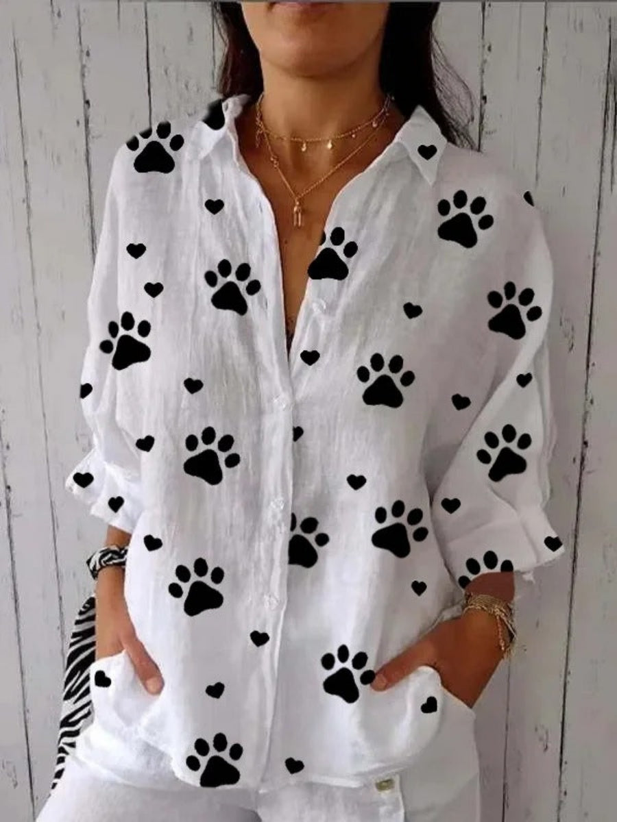 LilyWish Linen Shawl Collar Cordate Half Sleeve Blouse