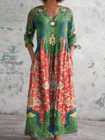 LilyWish Vintage Floral Print V-neck Long Sleeve Dress