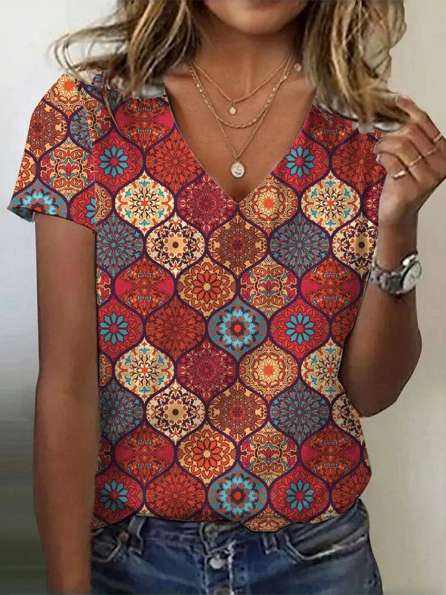 LilyWish Vintage Ethnic Print V-neck Short Sleeve T-Shirt
