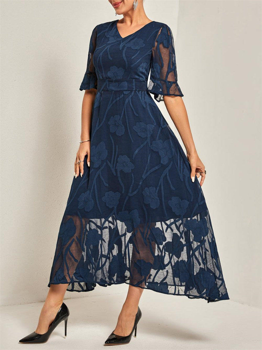 Plain V-Neck Short Sleeve Casual Blue Dress