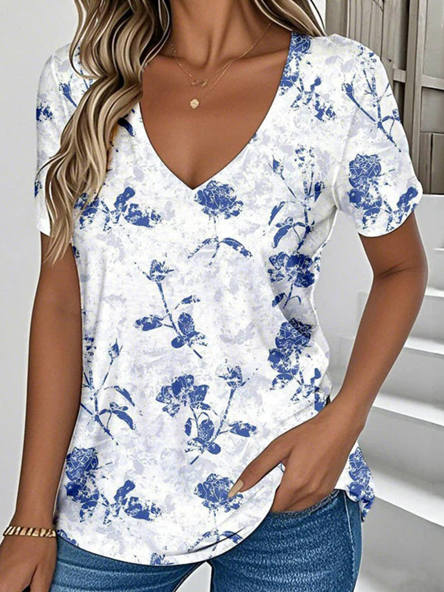LilyWish Vintage Floral Print V-neck Short Sleeve T-Shirt
